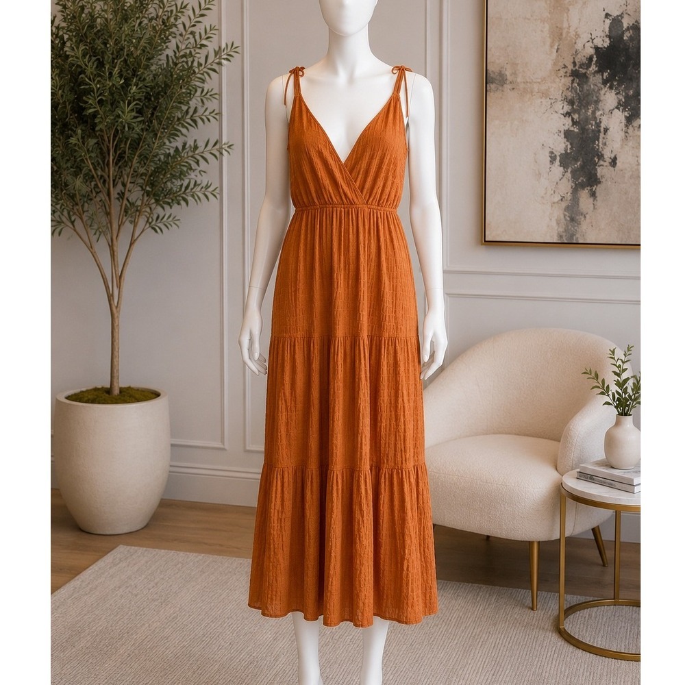 Lush Womens Maxi Dress Camel Tiered Surplice Tie Strap Boho Small